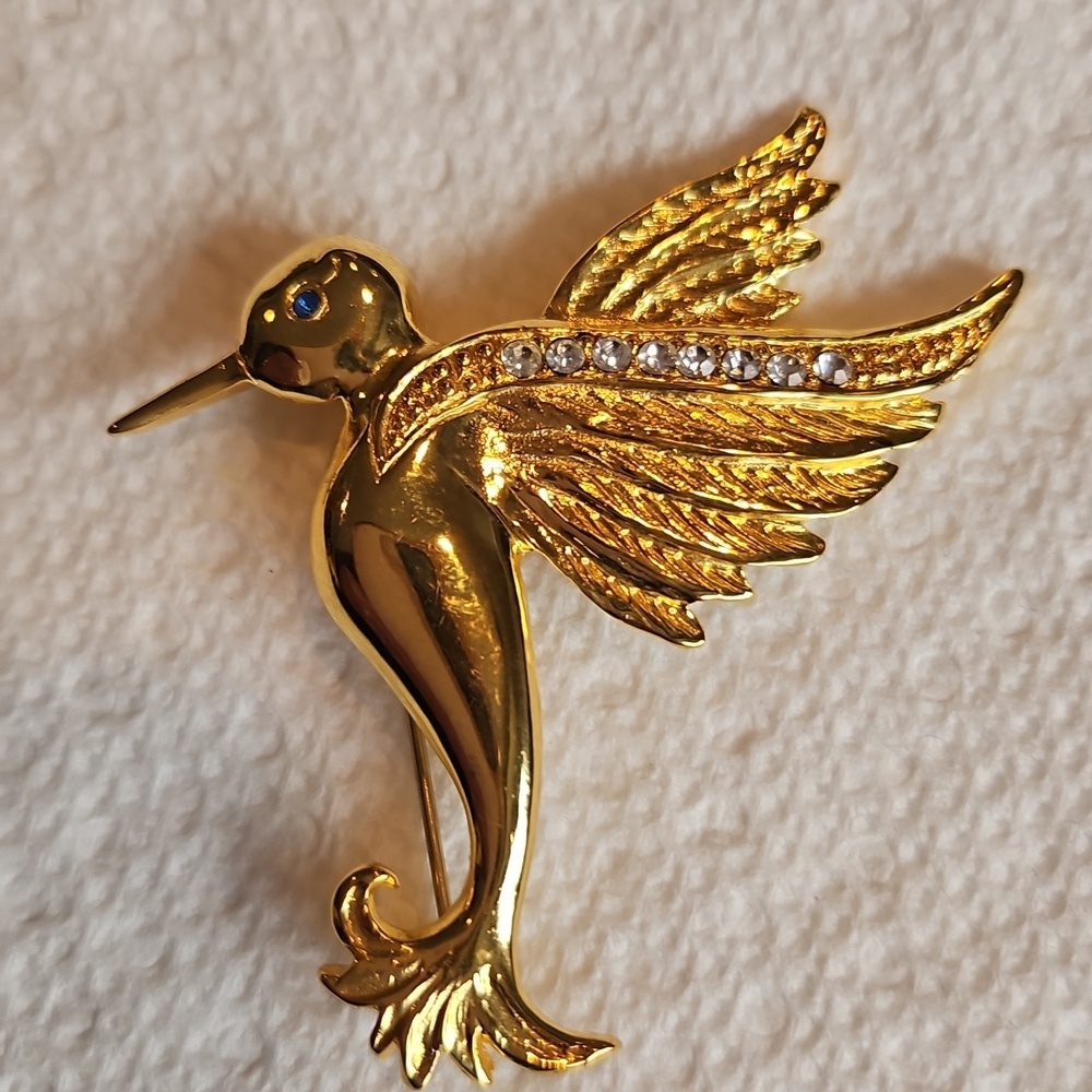 Liz Claiborne I LCI Humminbird Brooch With Rhinestones On The Wing 2.5" VGUC